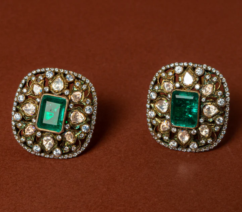 925 Silver Fizan Emerald Polki Studs - Amrrutam Jewellery