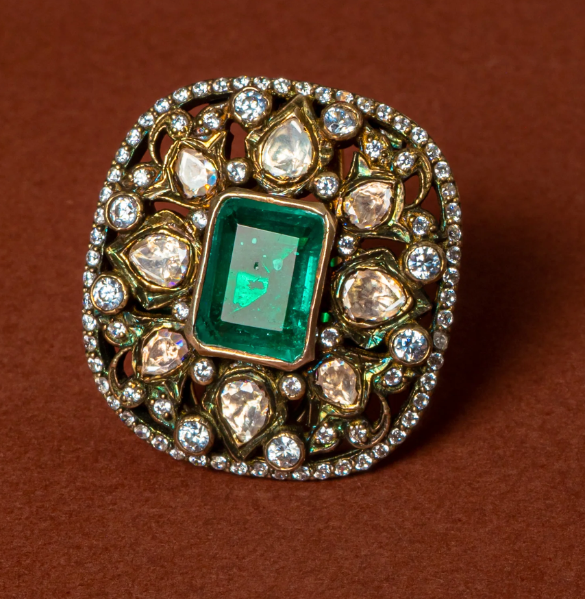 925 Silver Fizan Emerald Polki Studs - Amrrutam Jewellery