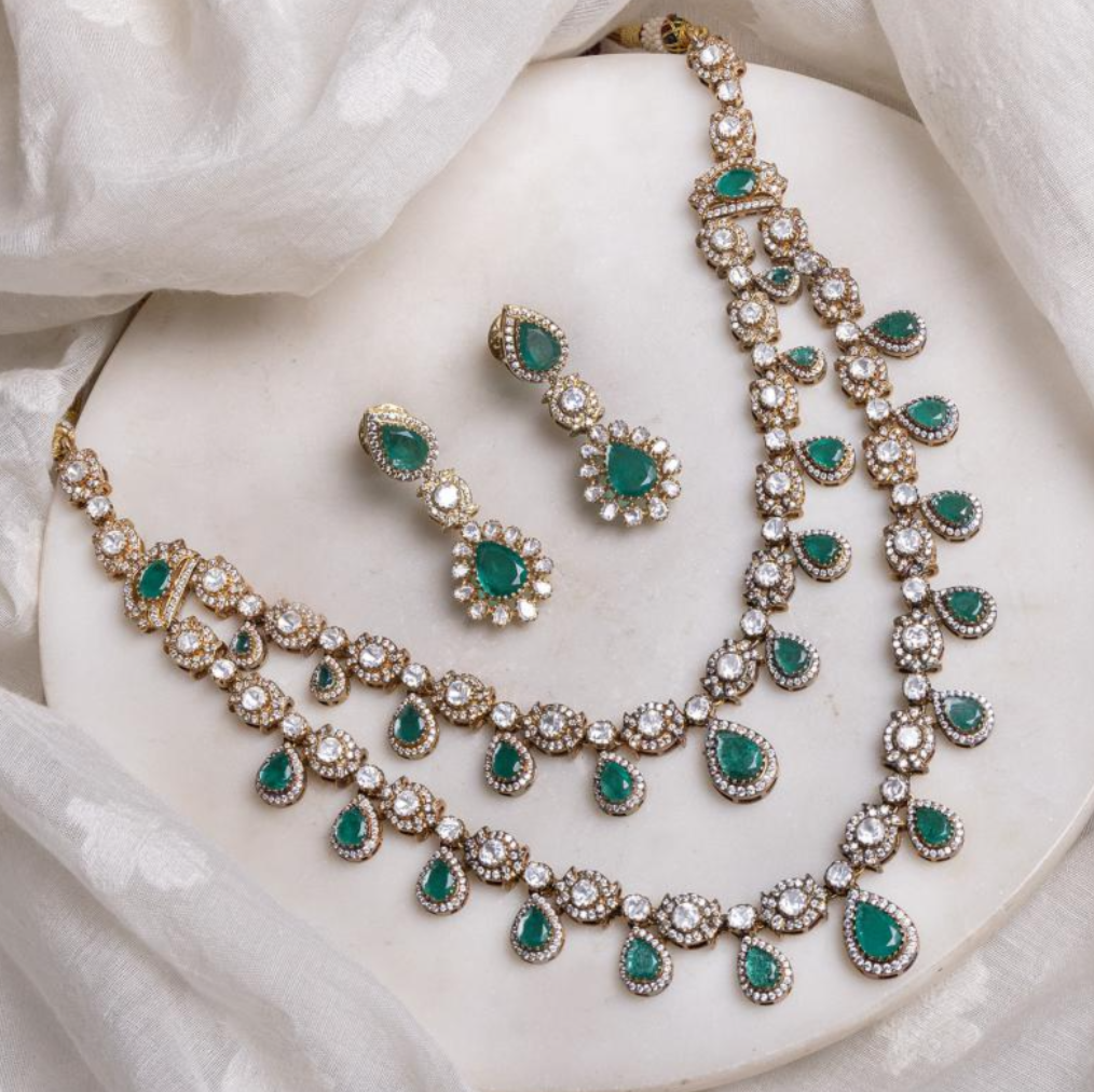 925 Silver Pavni Emerald Polki Choker Necklace Set - Amrrutam Jewellery