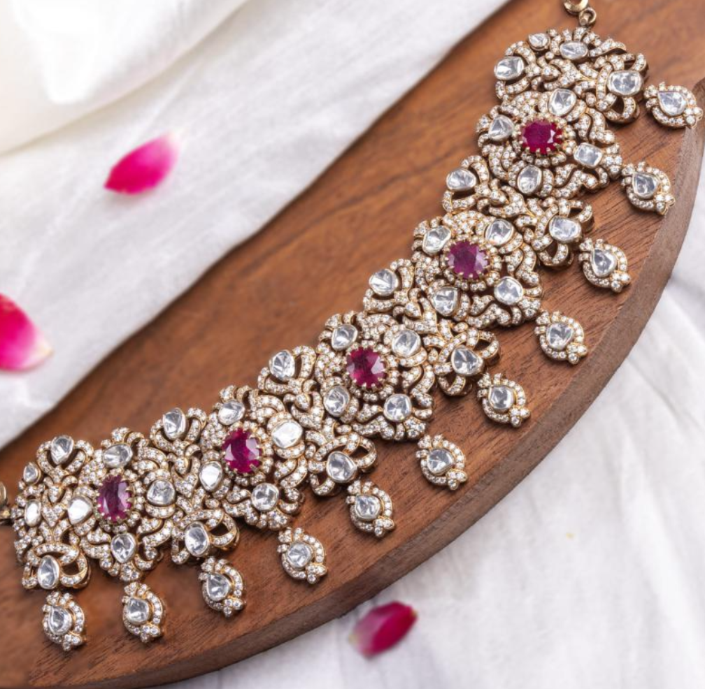 925 Silver Zoyra Ruby Polki Necklace Set - Amrrutam Jewellery
