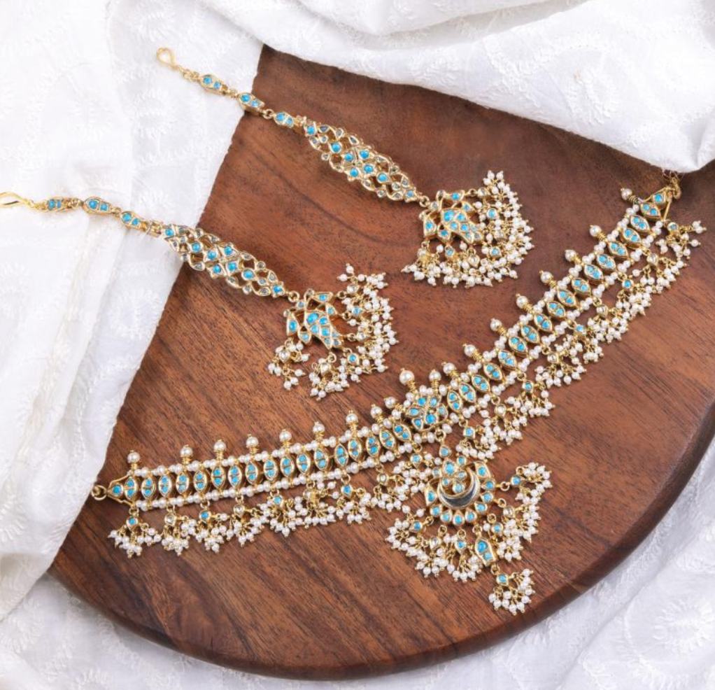 925 Silver Mogra Turquoise Polki Necklace Set - Amrrutam Jewellery