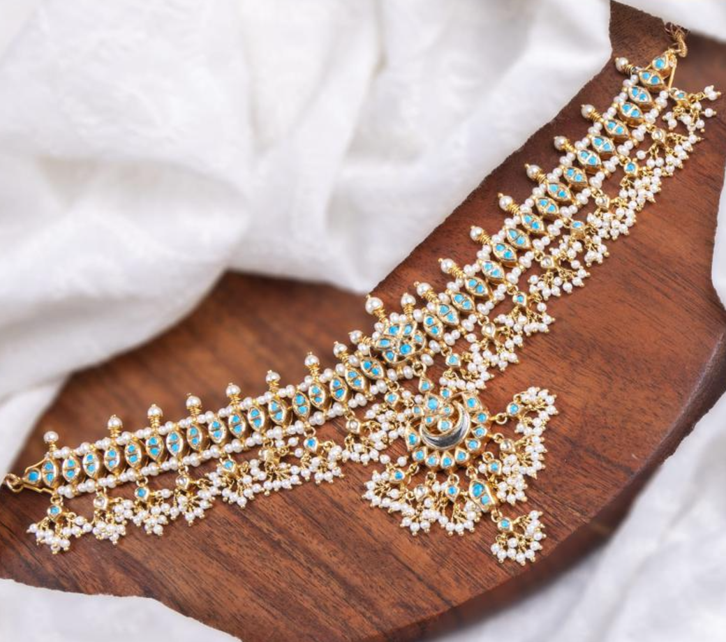 925 Silver Mogra Turquoise Polki Necklace Set - Amrrutam Jewellery