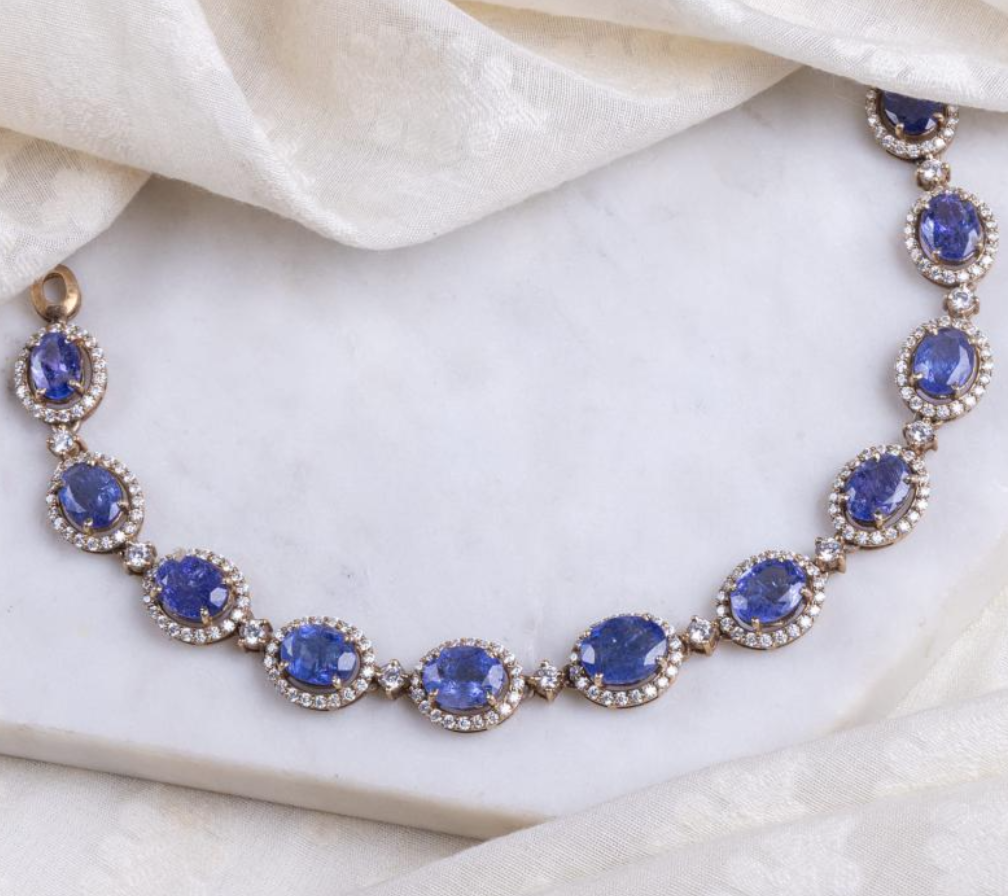 925 Silver Kimchi Tanzanite Polki Necklace Set - Amrrutam Jewellery
