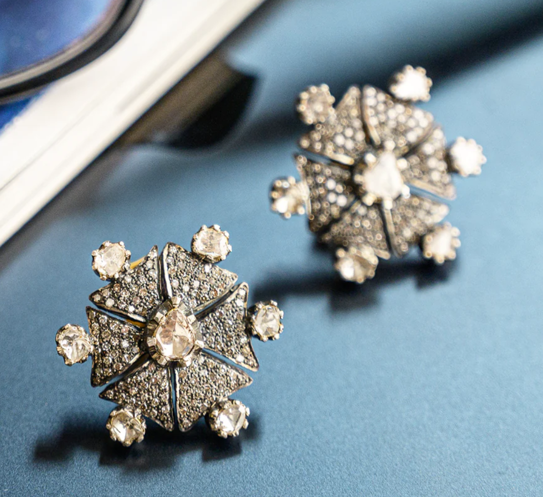 925 Silver Vintage Star Uncut Diamond Stud Earrings - Amrrutam Jewellery