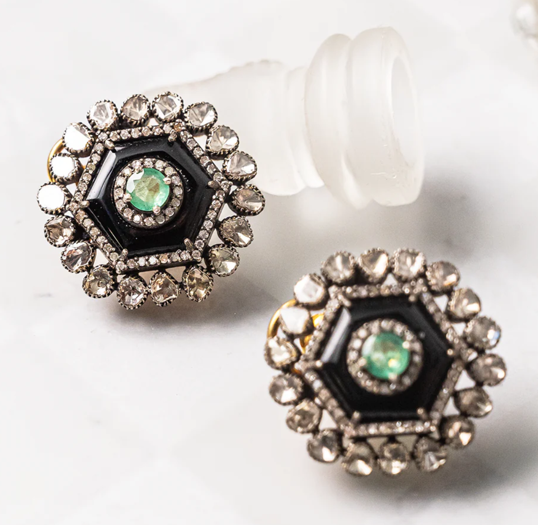 925 Silver Onyx Hexagon Uncut Diamond Stud Earrings - Amrrutam Jewellery