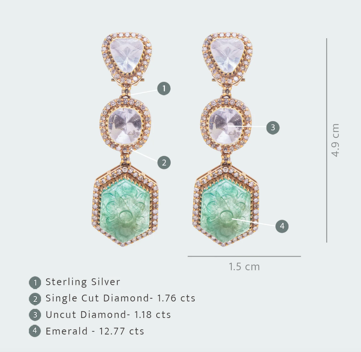925 Silver Minoza Emerald Uncut Diamond Earrings - Amrrutam Jewellery
