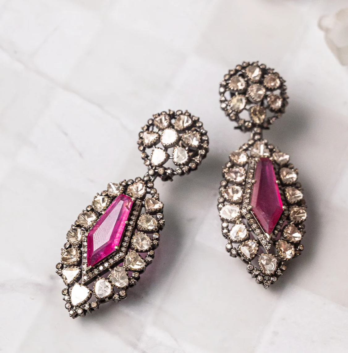 925 Silver Sequira Ruby Uncut Diamond Earrings - Amrrutam Jewellery