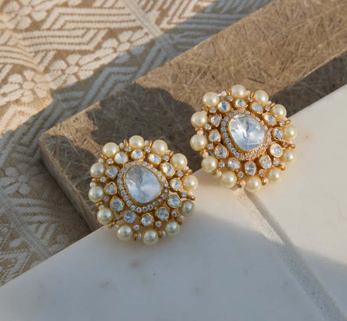 925 Silver Motiyar Polki Stud Earrings - Amrrutam Jewellery