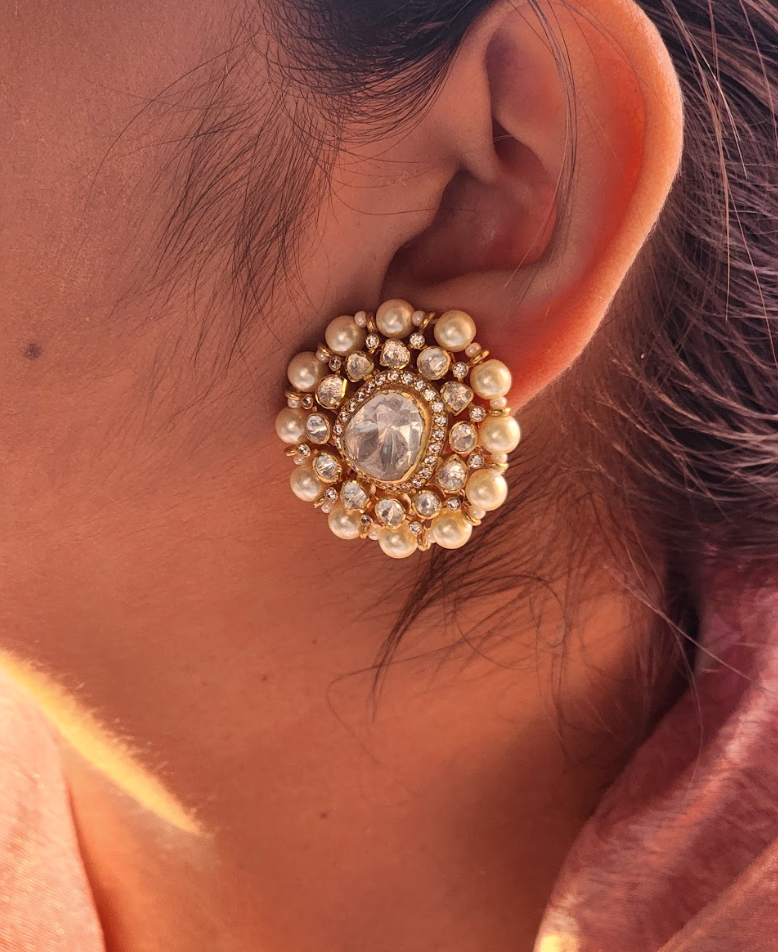 925 Silver Motiyar Polki Stud Earrings - Amrrutam Jewellery