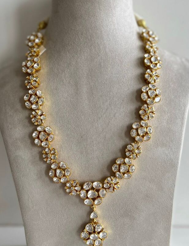 925 Silver Floral Polki Long Necklace - Amrrutam