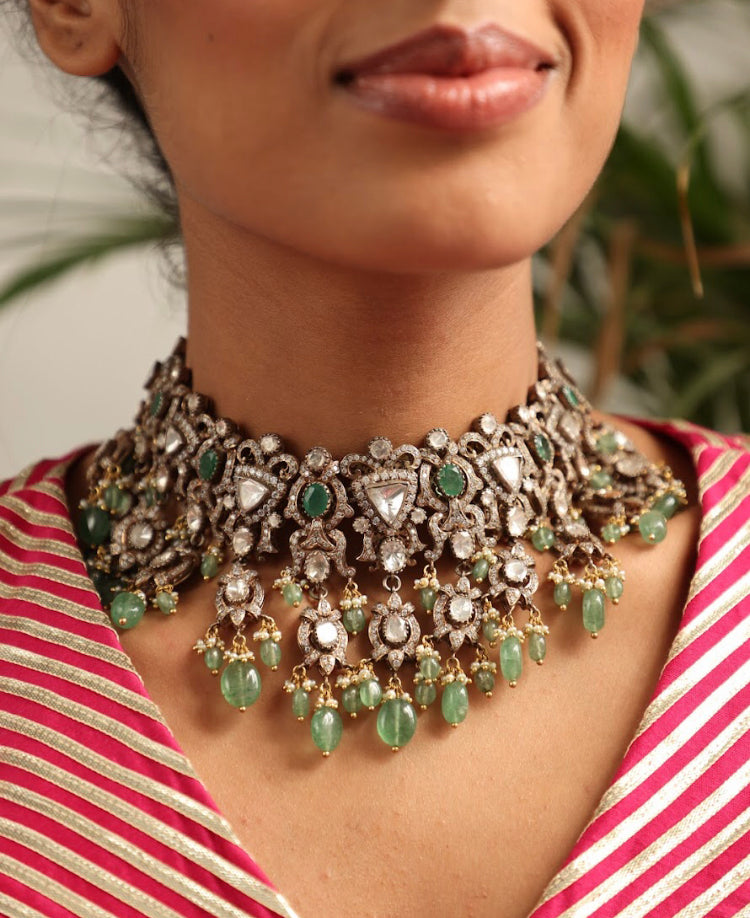 925 Silver Kashi Victorian Emerald Polki Choker Necklace - Amrrutam 