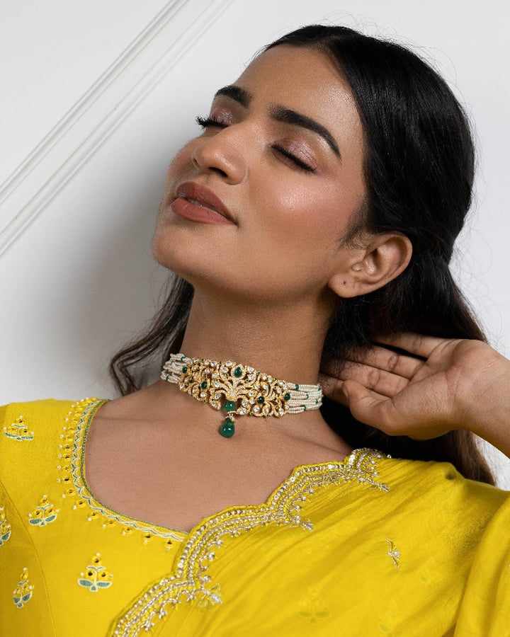 925 Silver Laila Emerald Polki Choker Necklace - Amrrutam 