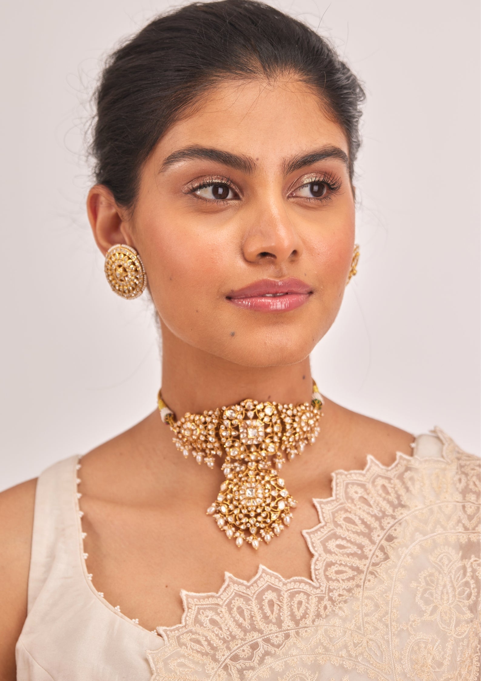 925 Silver Krsala Polki Choker Necklace - Amrrutam