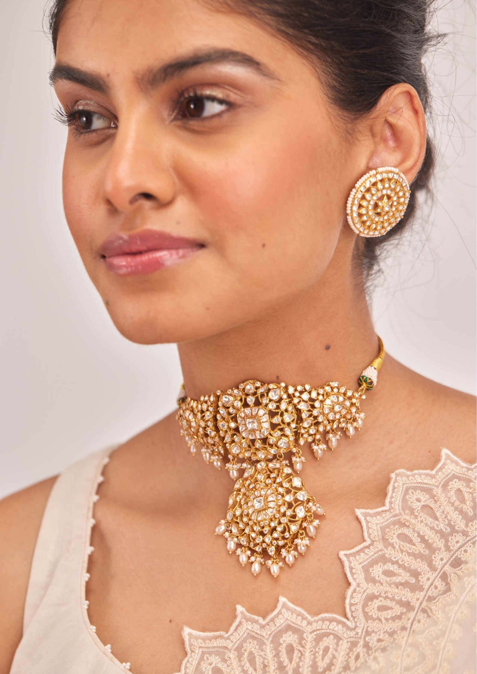 925 Silver Krsala Polki Choker Necklace - Amrrutam