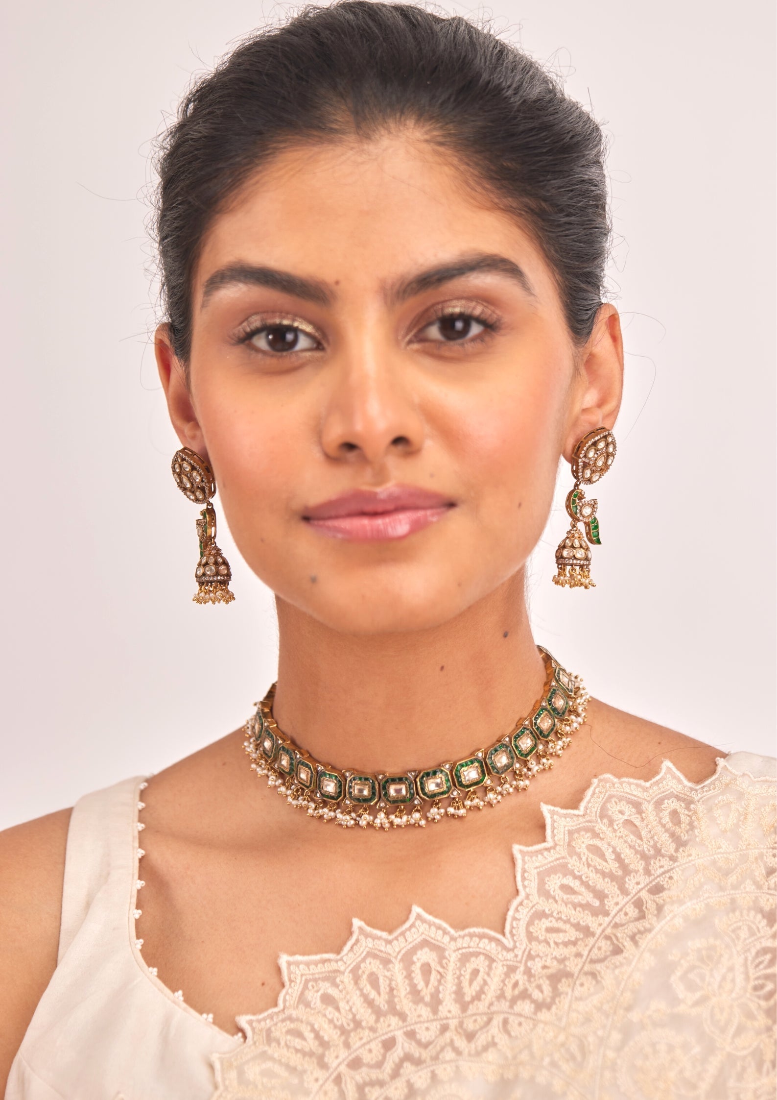 925 Silver Amaris Emerald Choker Necklace Set - Amrrutam