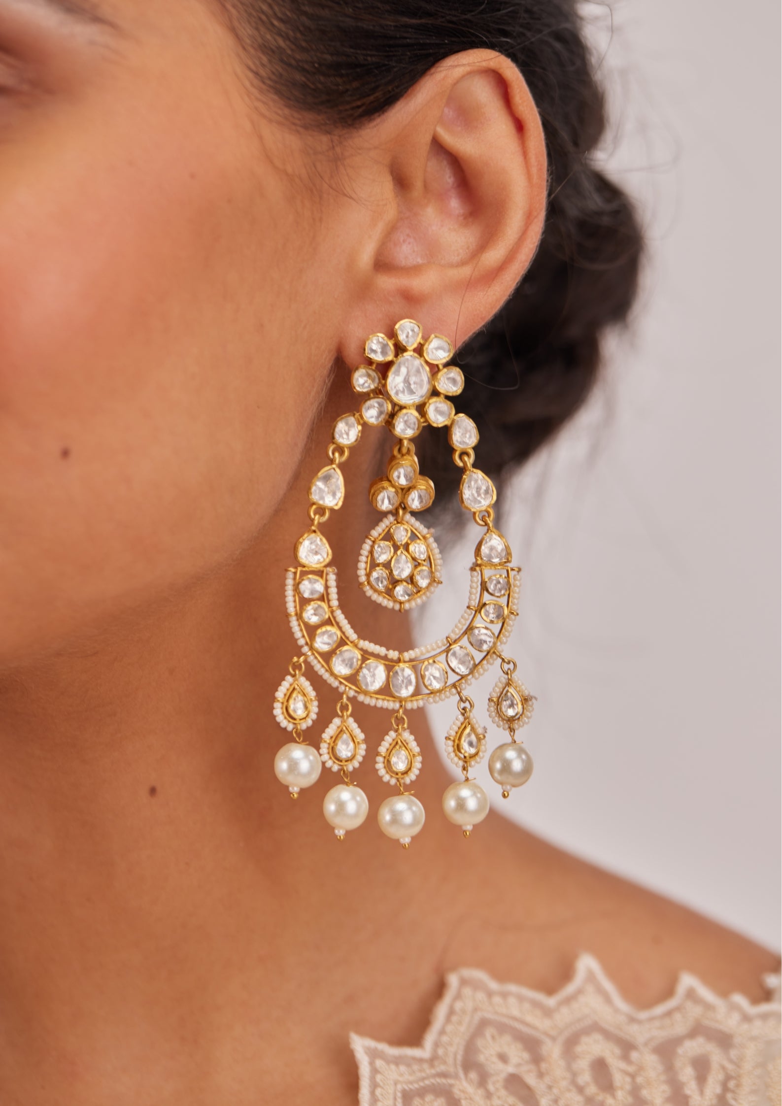 Polki Chandbali Earrings in 925 Silver - Amrrutam