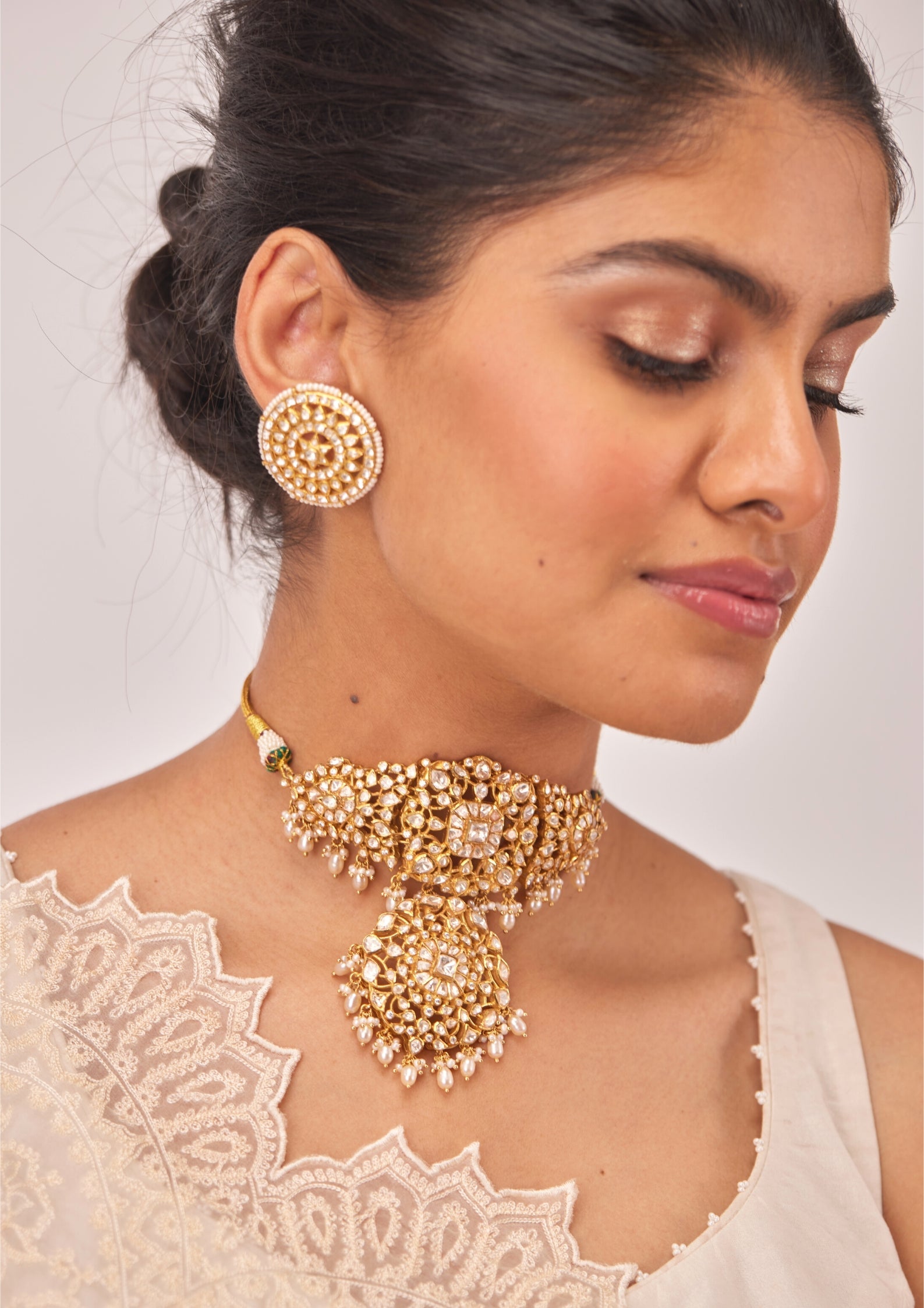 925 Silver Krsala Polki Choker Necklace - Amrrutam