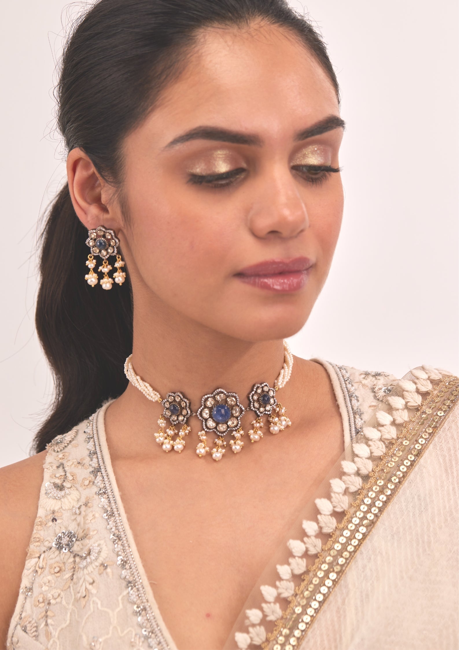 925 Silver Sumeira Floral Choker Necklace Set - Amrrutam