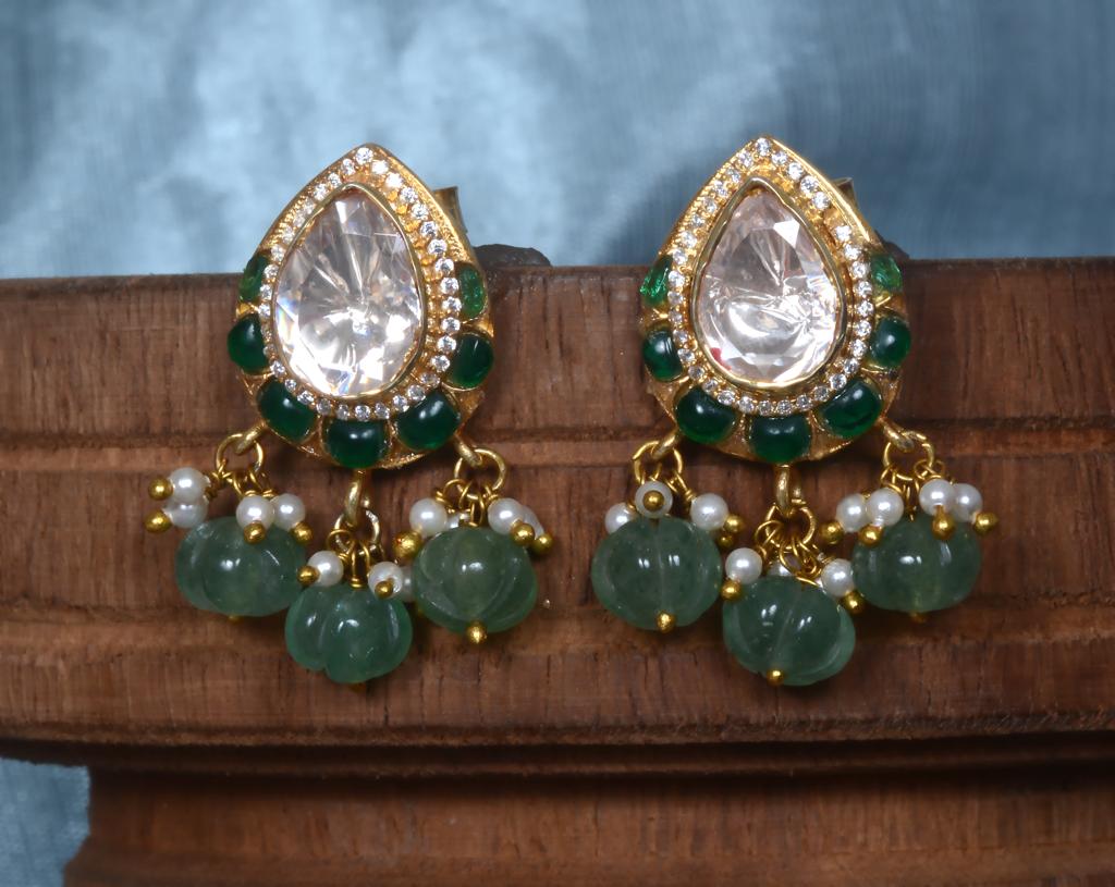 925 Silver Vaani Polki Drop Earrings Green - Amrrutam