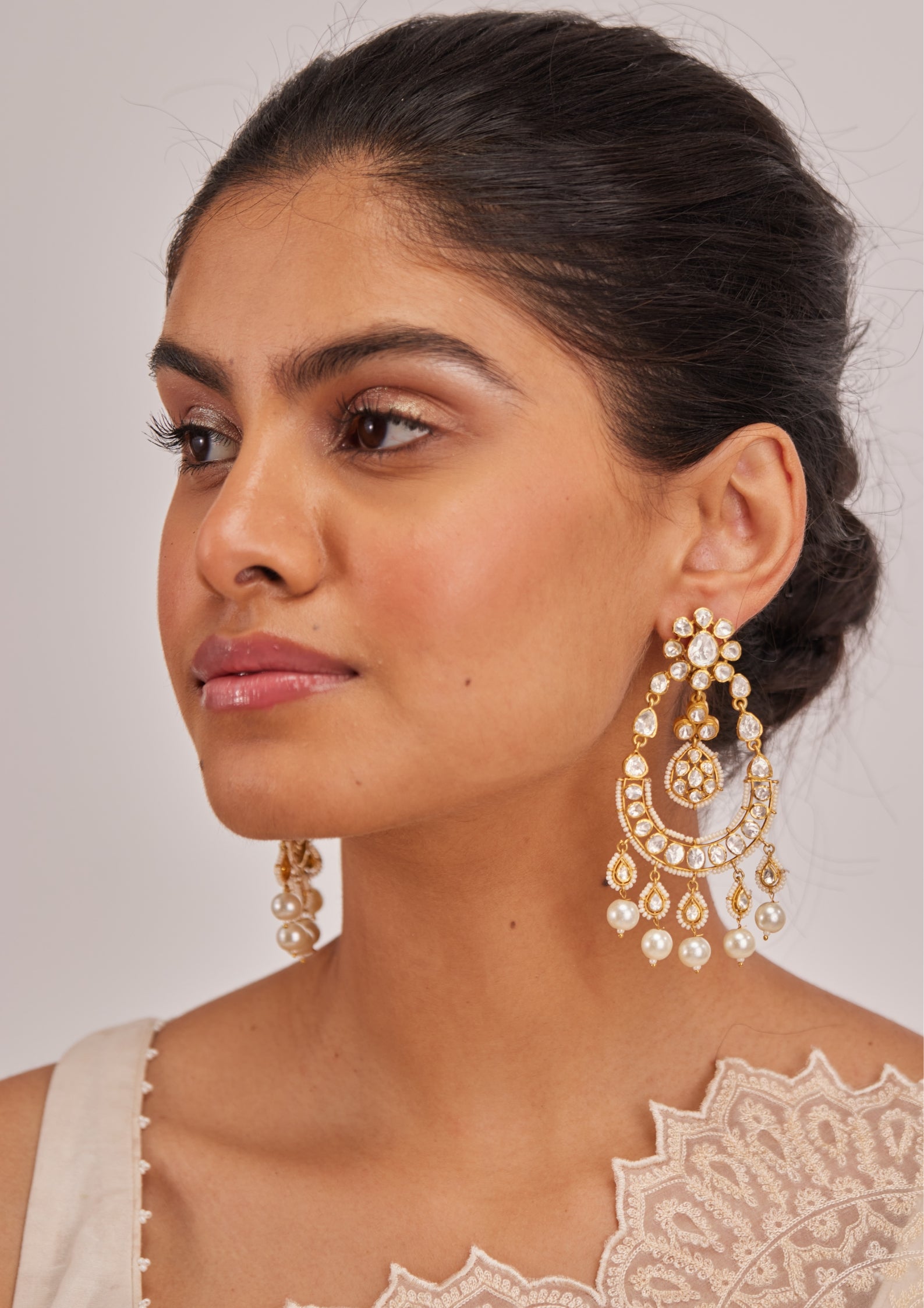 Polki Chandbali Earrings in 925 Silver - Amrrutam