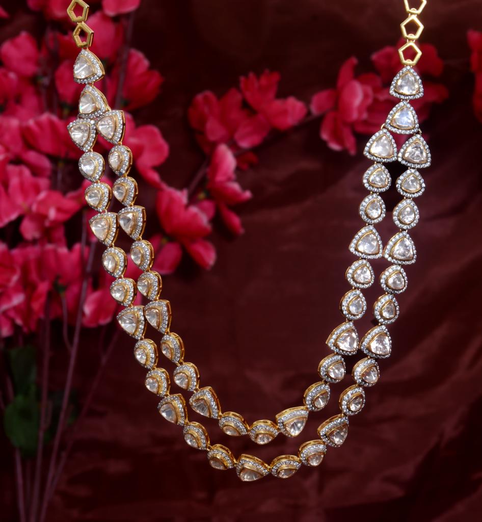 925 Silver Double Line Long Polki Necklace - Amrrutam