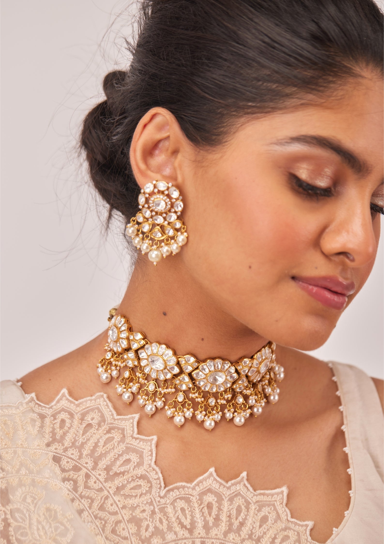 925 Silver Mallika Polki Choker Necklace Set - Amrrutam