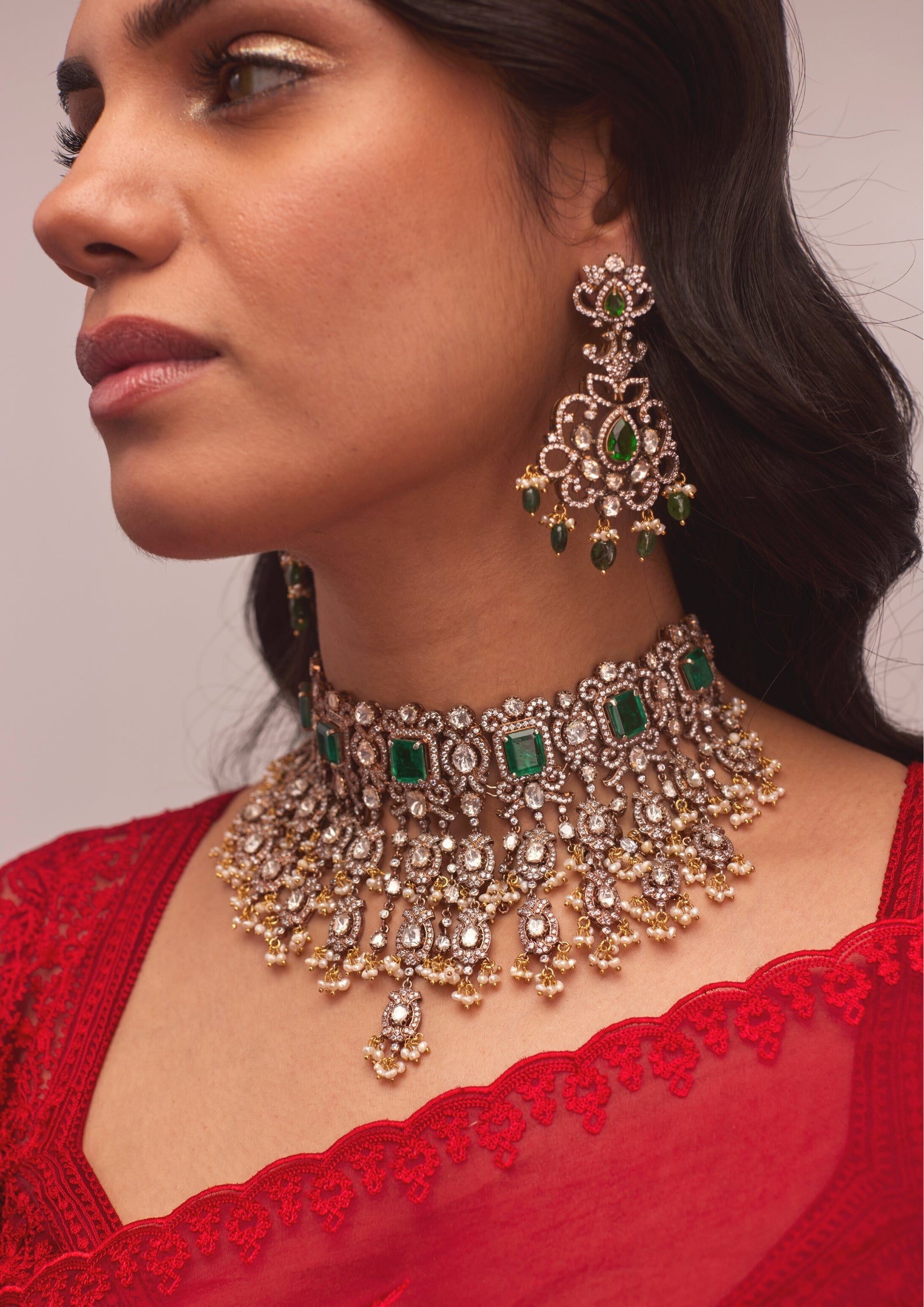 925 Silver Victorian Polki Emerald Earring - Amrrutam