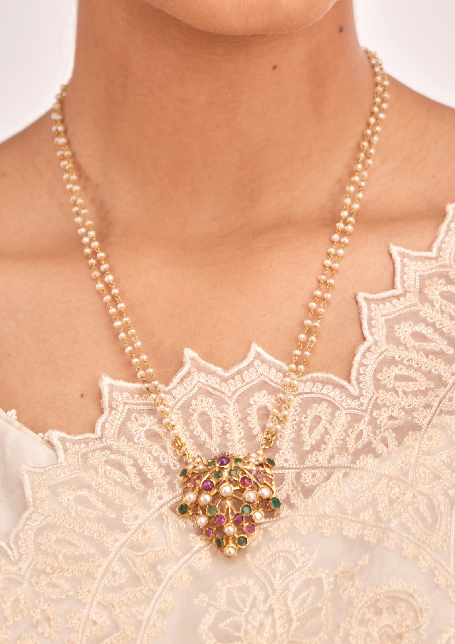 925 Silver Zunair Ruby Pearl Pendant Necklace - Amrrutam