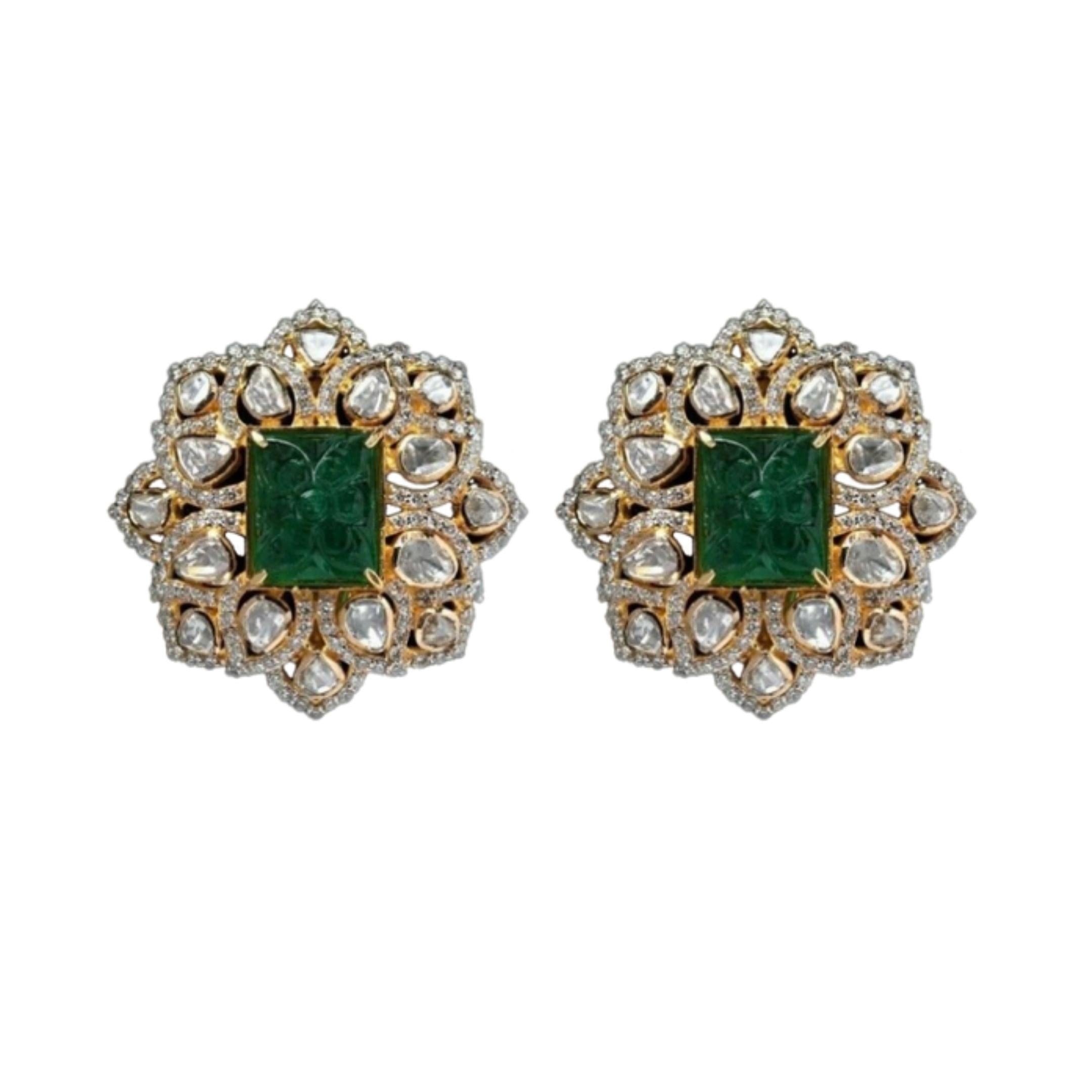 925 Silver Floral Polki Emerald Studs - Amrrutam