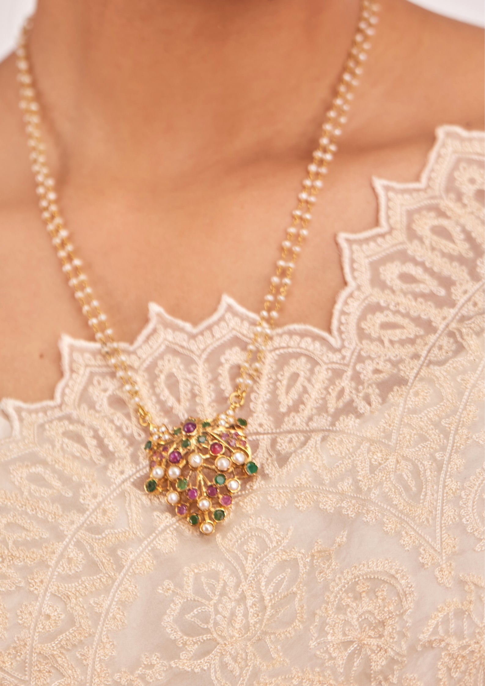 925 Silver Zunair Ruby Pearl Pendant Necklace - Amrrutam