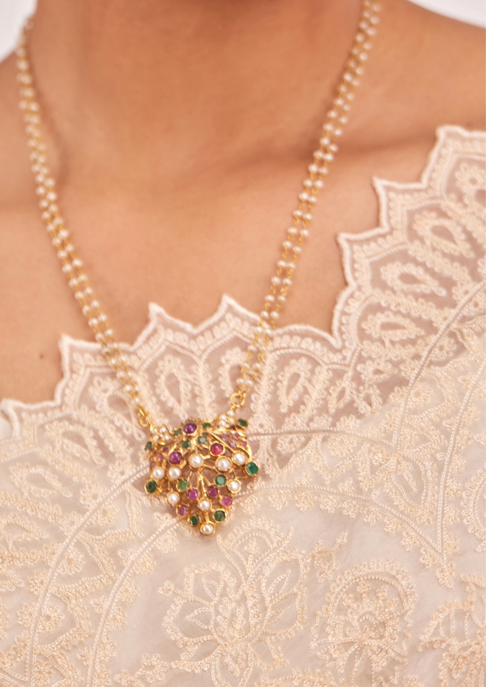 925 Silver Zunair Ruby Pearl Pendant Necklace - Amrrutam