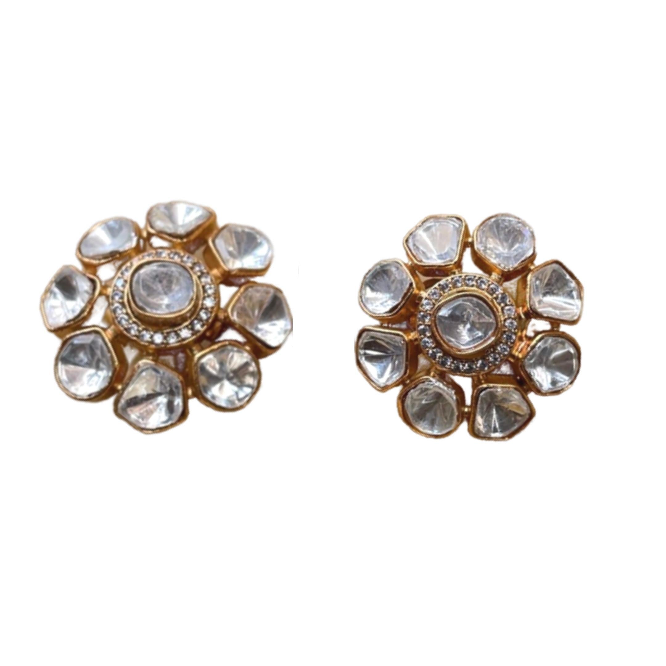 925 Silver Floral Polki Stud Earrings - Amrrutam