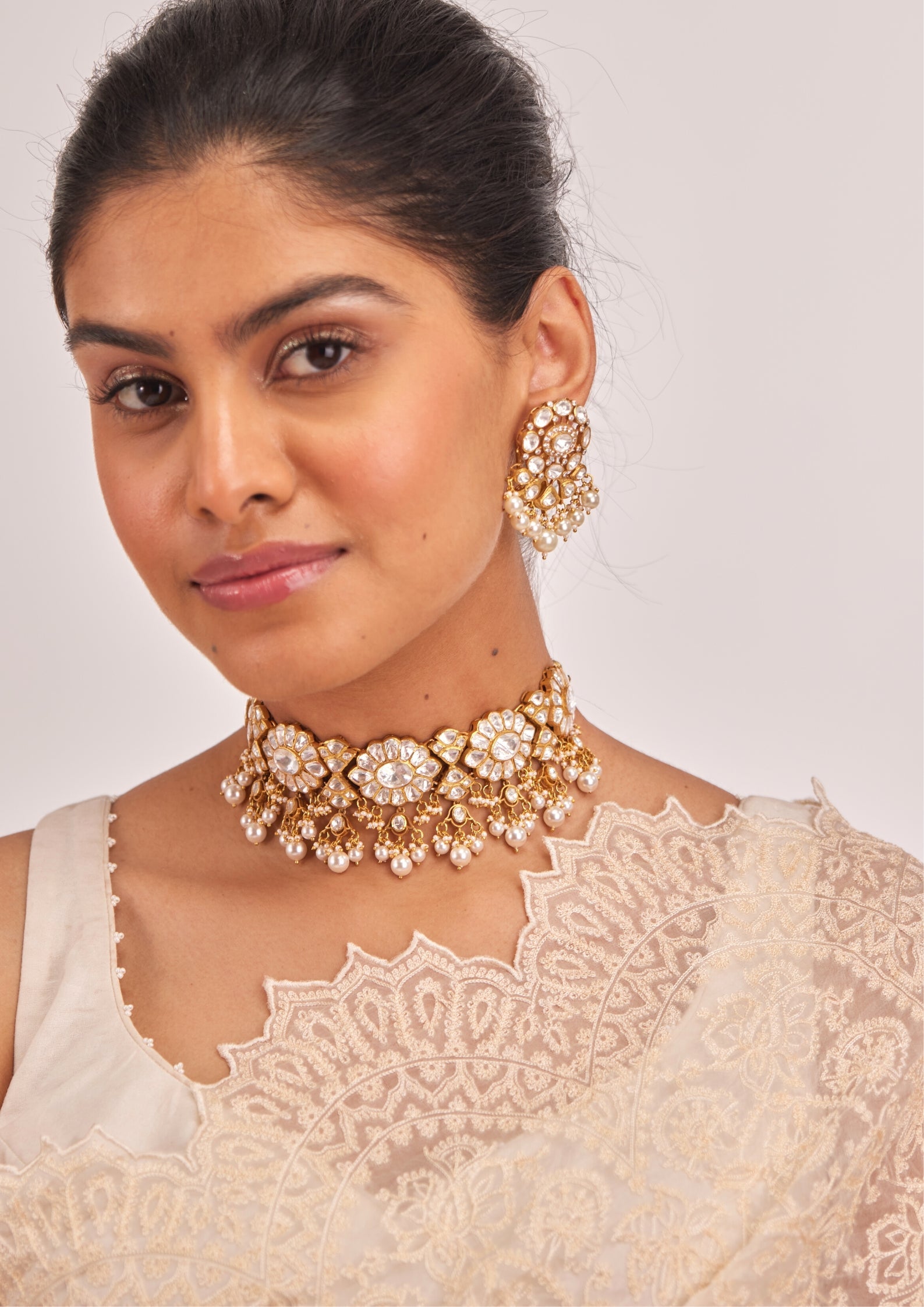 925 Silver Mallika Polki Choker Necklace Set - Amrrutam