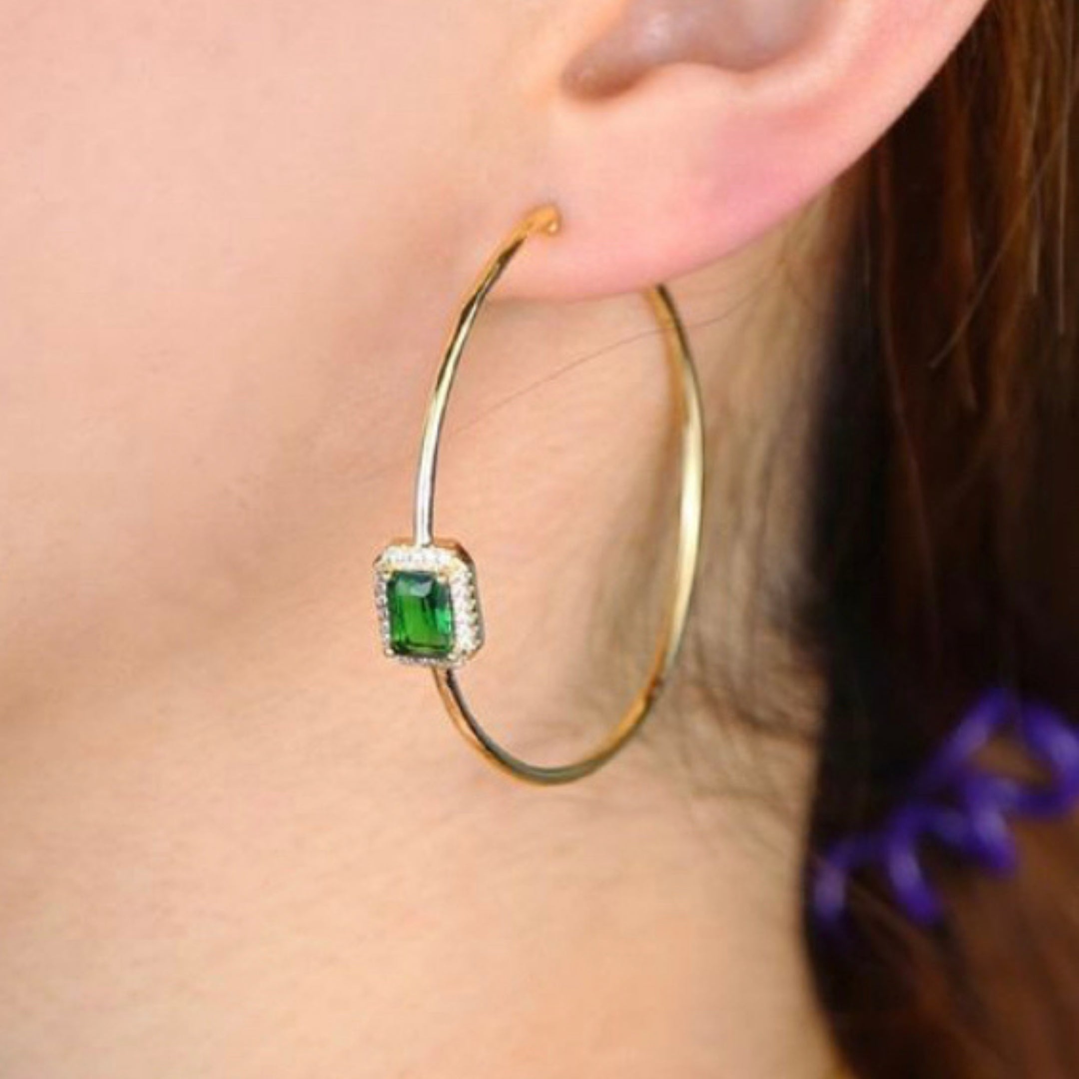 Large Emerald Green Hoop Earrings in 92.5 Silver - Amrrutam