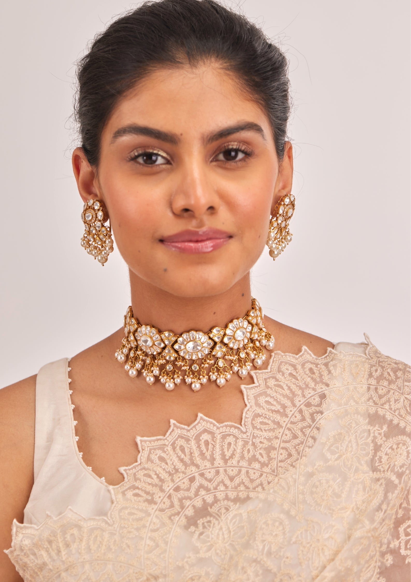 925 Silver Mallika Polki Choker Necklace Set - Amrrutam