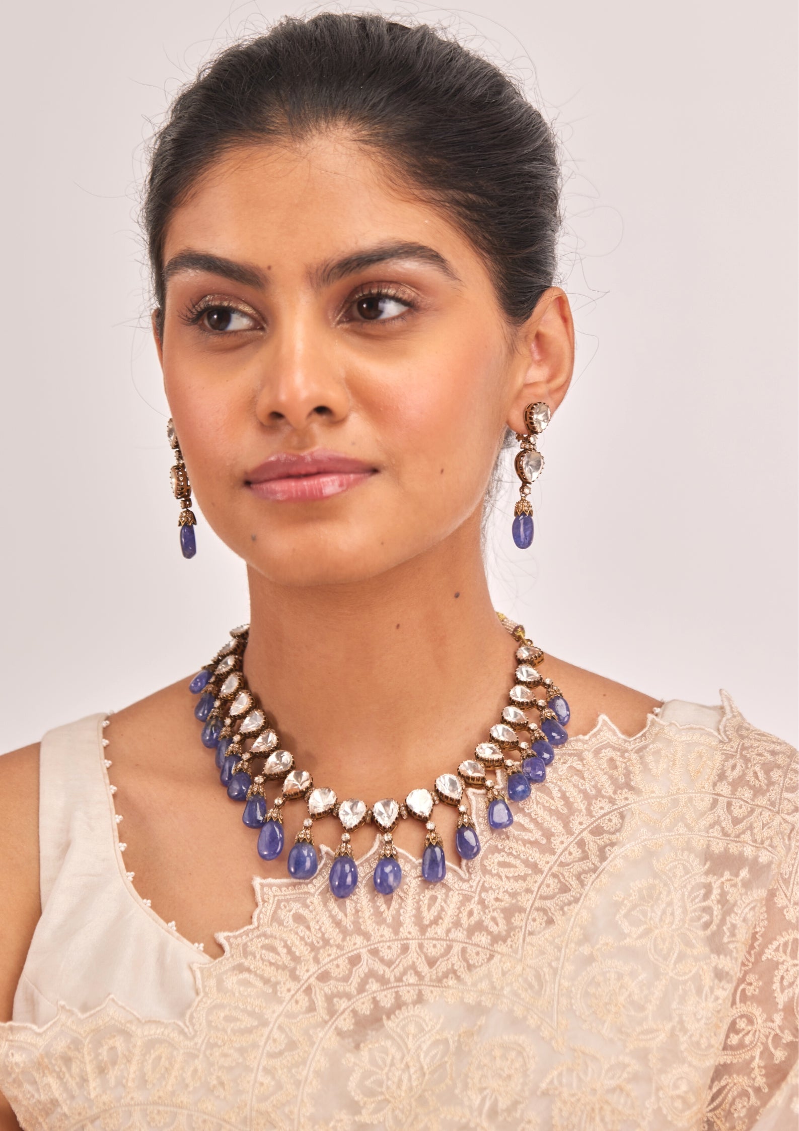 925 Silver Viroksh Sapphire Polki Necklace Set - Amrrutam