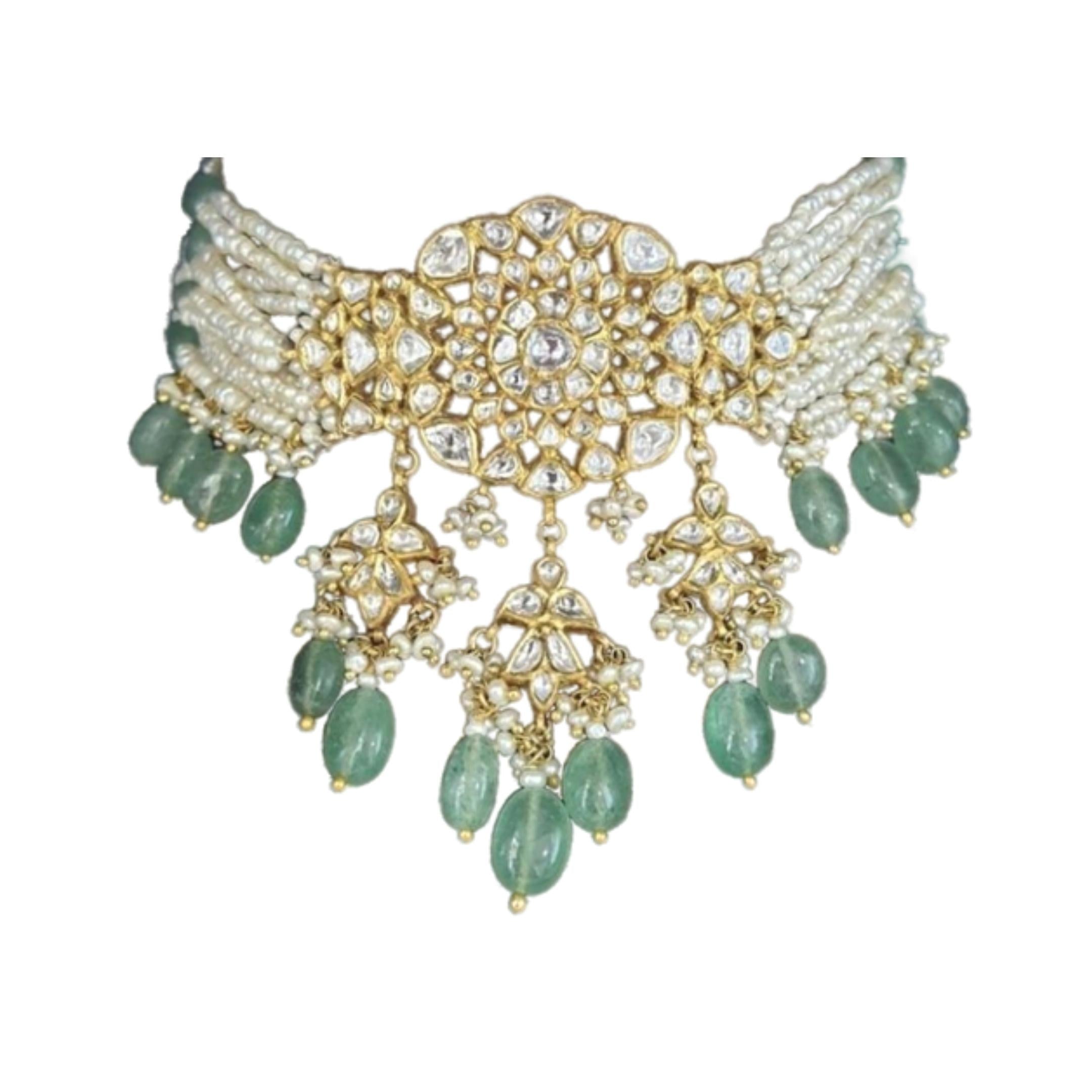 925 Silver Maya Polki Choker With Green Beads - Amrrutam