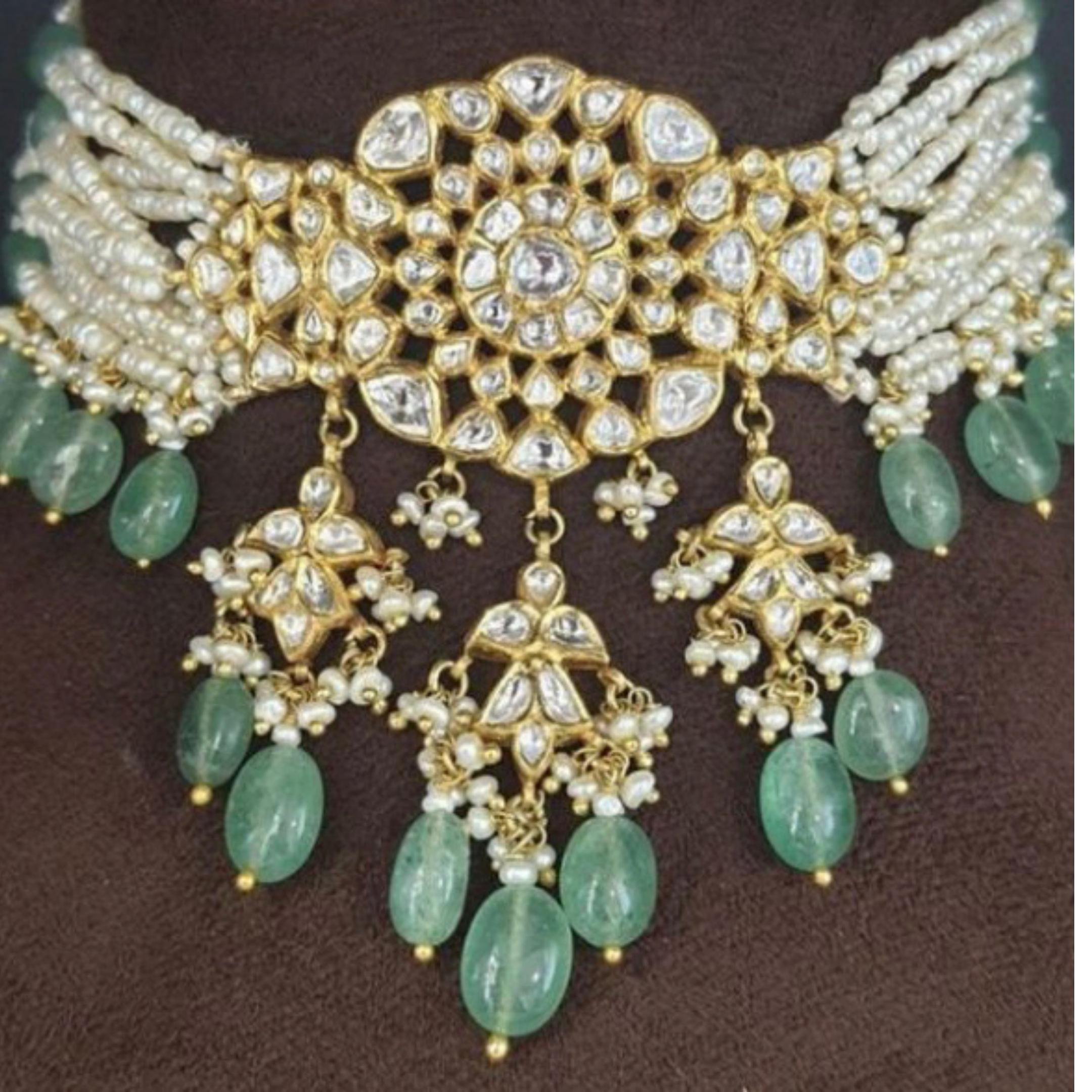 925 Silver Maya Polki Choker With Green Beads - Amrrutam
