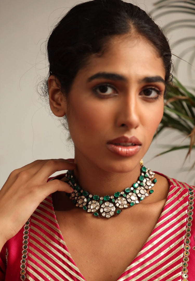 925 Silver Modern Victorian Emerald Polki Choker Necklace - Amrrutam 