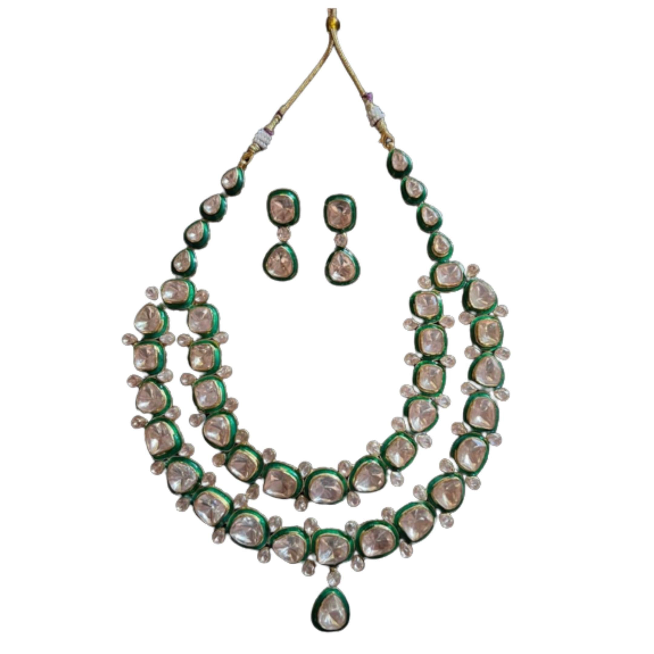 925 Silver Double Layer Polki Meena Necklace Set - Amrrutam