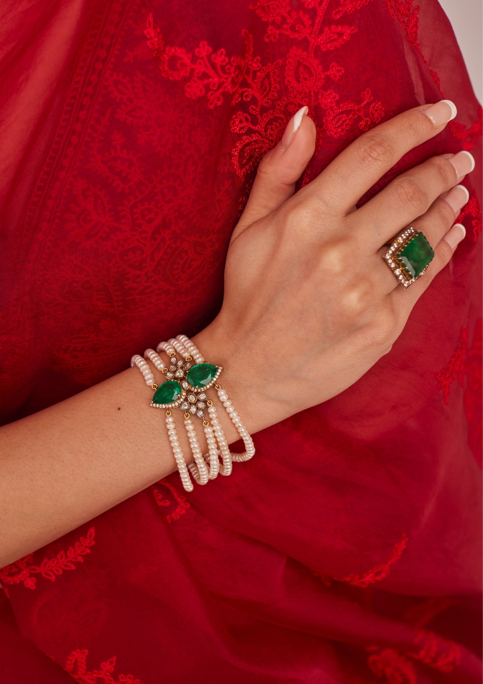 925 Silver Bagiya Pearl Polki Bracelet - Amrrutam