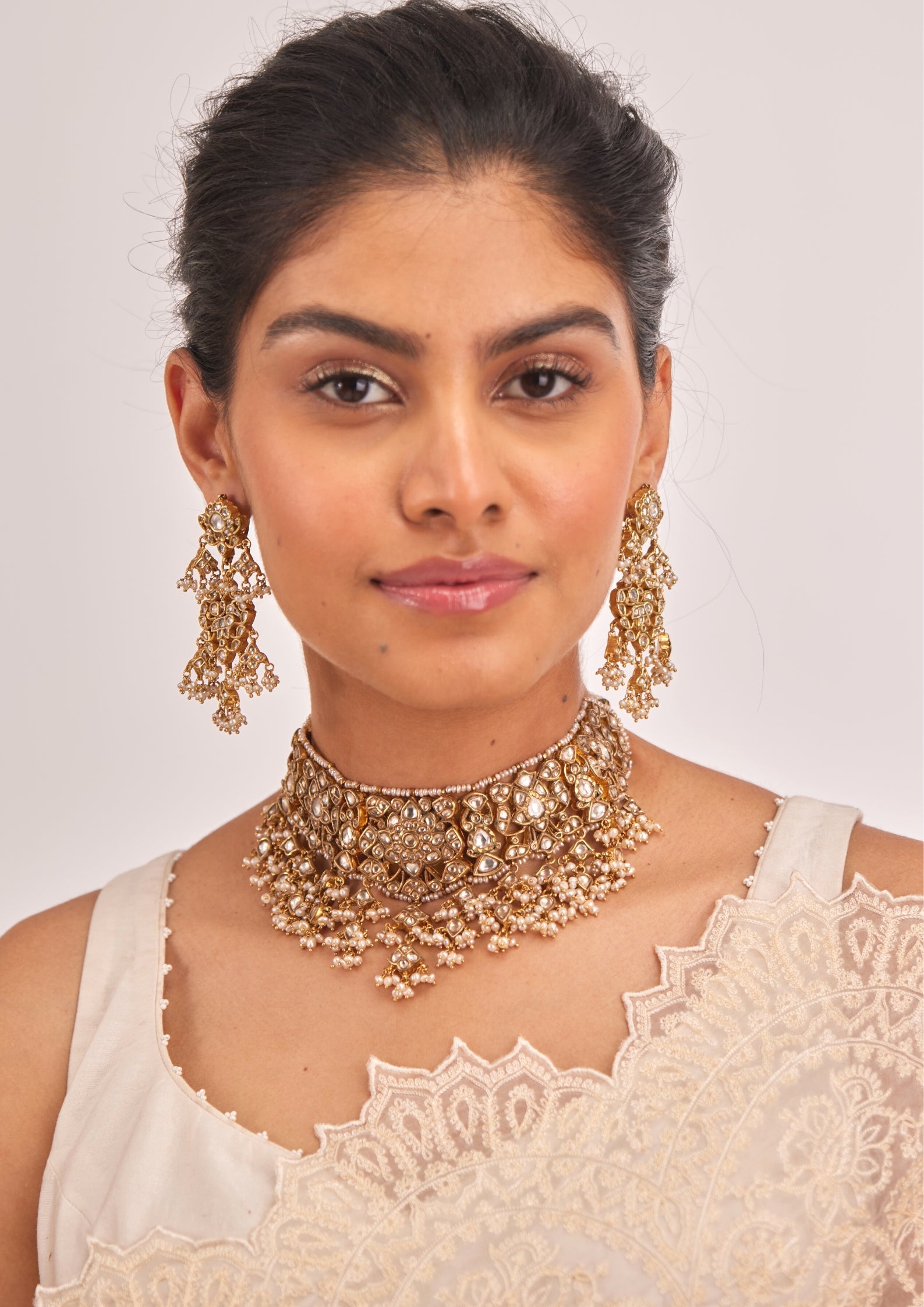 925 Silver Mayanka Polki Choker Necklace Set - Amrrutam