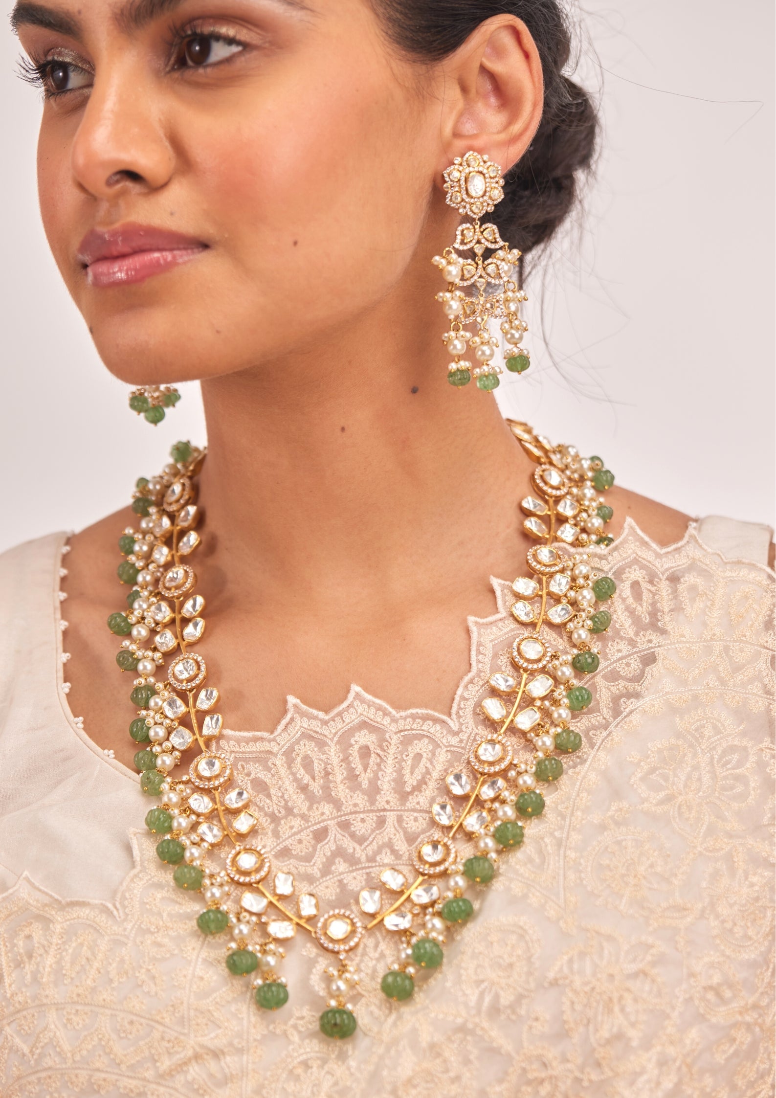 925 Silver Begariya Green Polki Long Necklace Set - Amrrutam