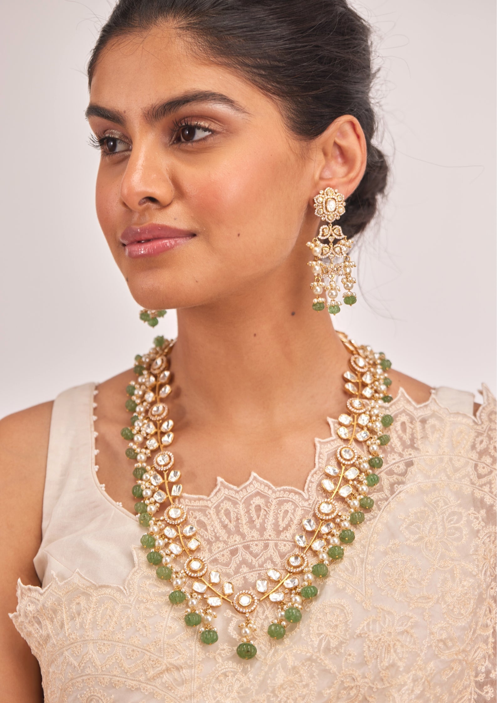 925 Silver Begariya Green Polki Long Necklace Set - Amrrutam