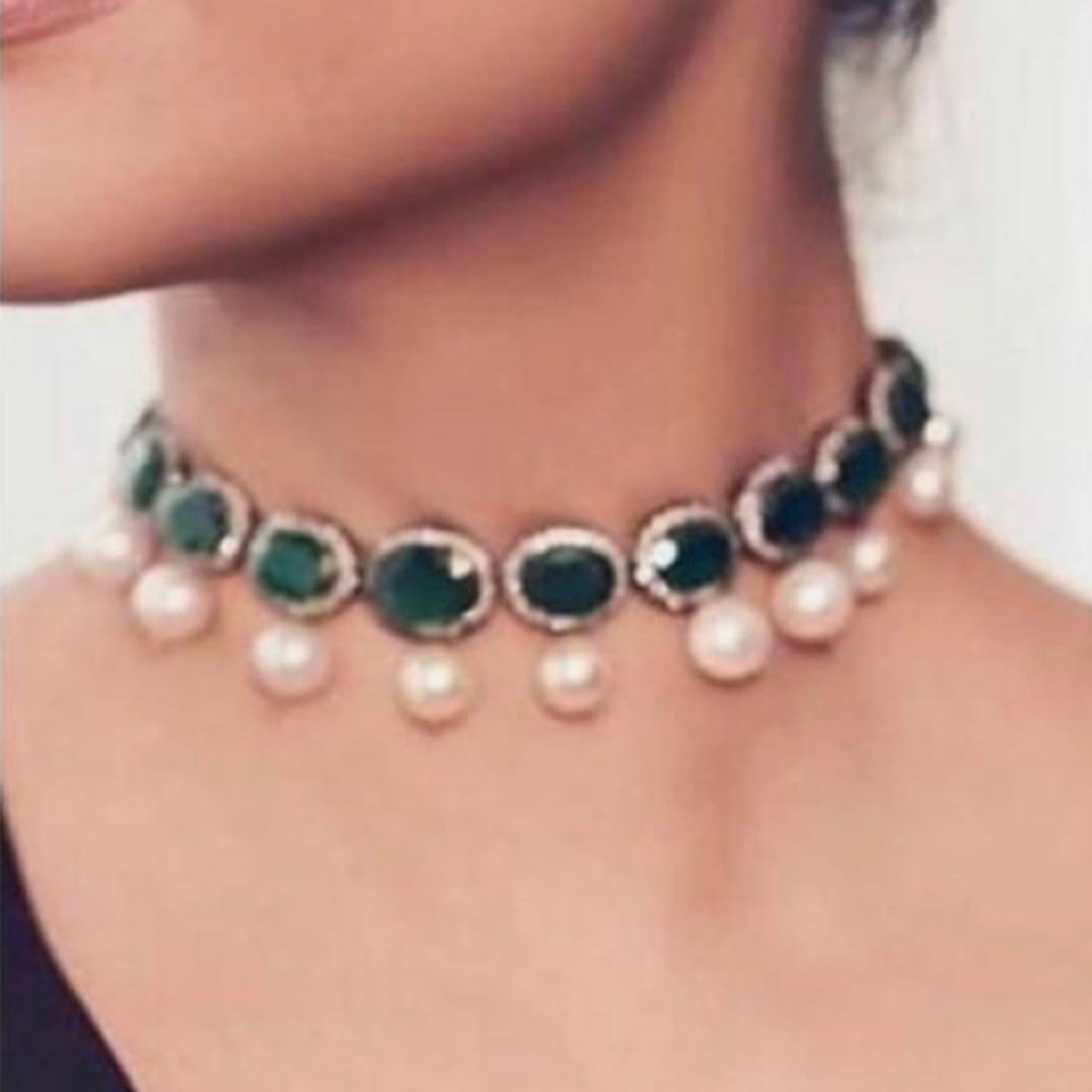 925 Silver Elegant Emerald Pearl Choker - Amrrutam