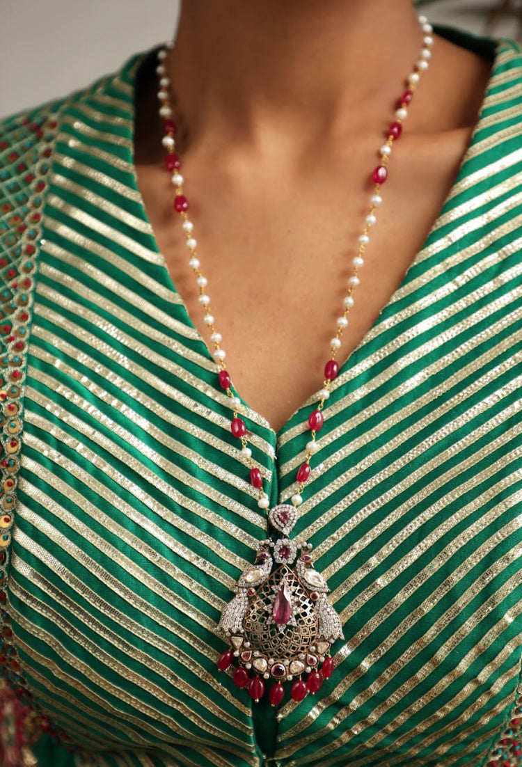 925 Silver Bavara Victorian Ruby Long Necklace - Amrrutam 