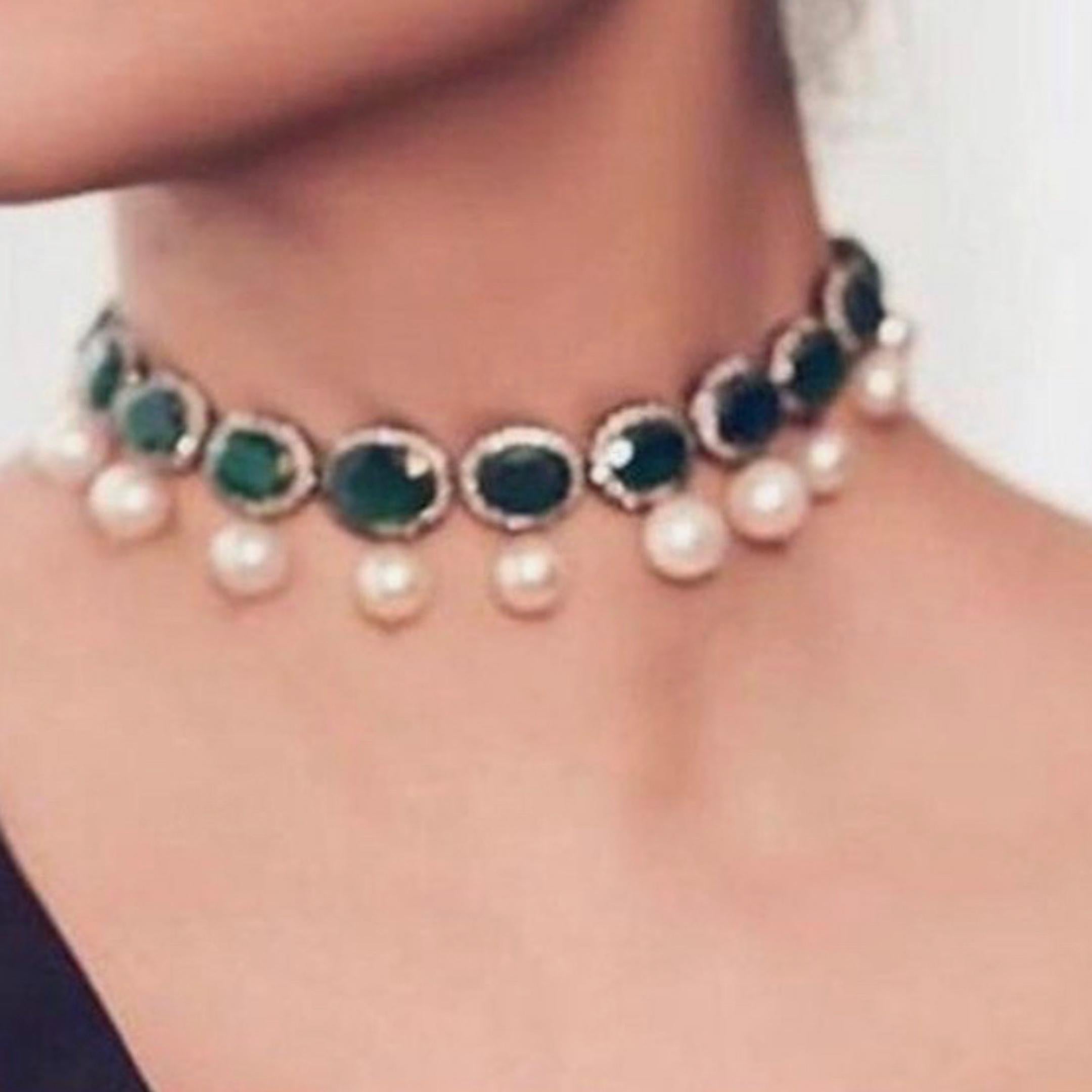 925 Silver Elegant Emerald Pearl Choker - Amrrutam