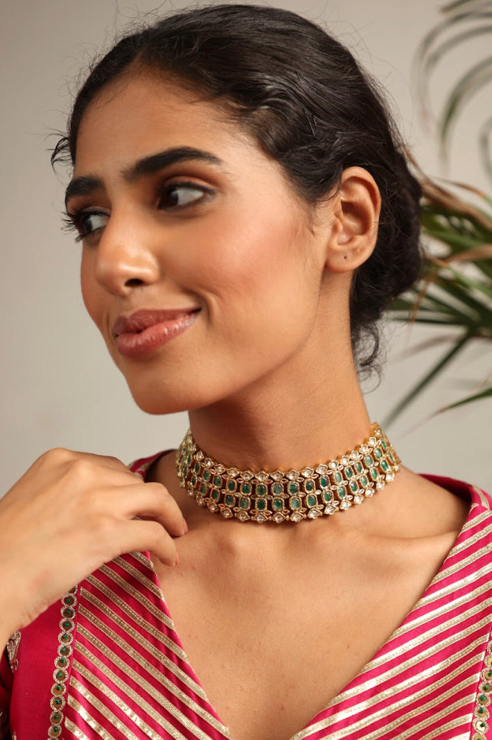 925 Silver Chatrala Emerald Wedding Choker Necklace - Amrrutam 