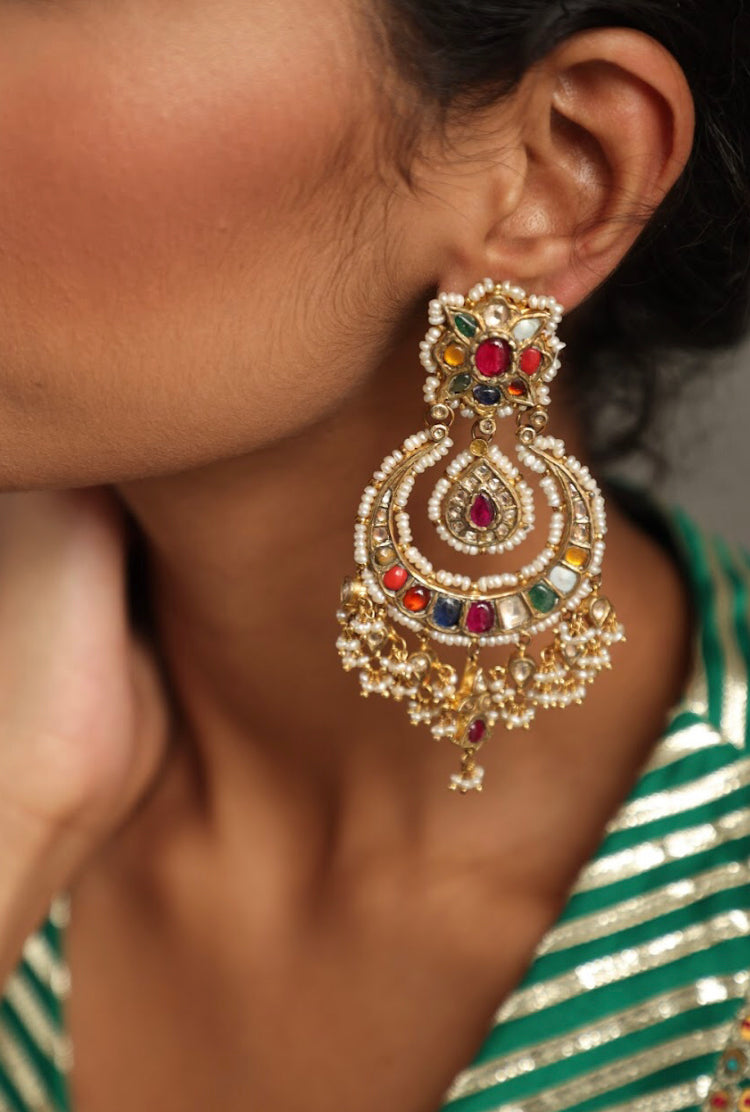 925 Silver Arya Navratan Chandbali Earring - Amrrutam 