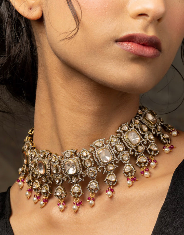 925 Silver Naqksh Polki Choker - Amrrutam 